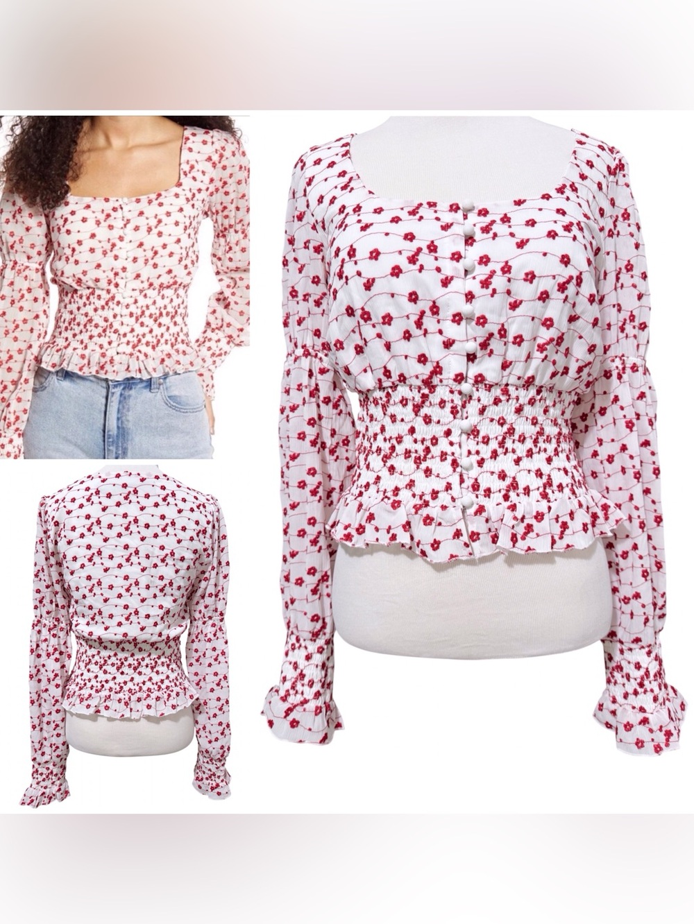 CodexMode White Red Floral Embroidery Smocked Blouse Long Sleeve Top Size Small